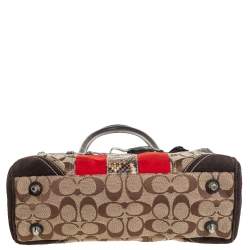 Pre Owned Coach Beige/Orange Signature, Suede and Python Stripe Hampton Tote