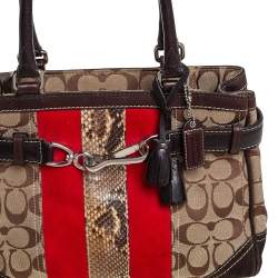 Pre Owned Coach Beige/Orange Signature, Suede and Python Stripe Hampton Tote
