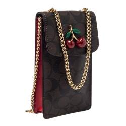 Pre Owned Coach Brown Signature Coated Canvas and Leather Cherry Detail Phone Crossbody Pouch