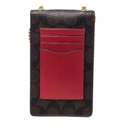 Pre Owned Coach Brown Signature Coated Canvas and Leather Cherry Detail Phone Crossbody Pouch