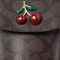 Pre Owned Coach Brown Signature Coated Canvas and Leather Cherry Detail Phone Crossbody Pouch