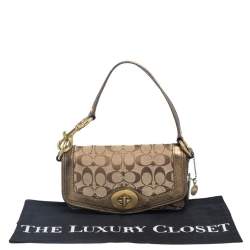 Pre Owned Coach Brown/Gold Leather And Monogram Canvas Shoulder Bag