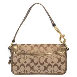 Pre Owned Coach Brown/Gold Leather And Monogram Canvas Shoulder Bag