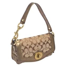 Pre Owned Coach Brown/Gold Leather And Monogram Canvas Shoulder Bag