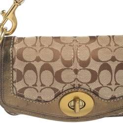 Pre Owned Coach Brown/Gold Leather And Monogram Canvas Shoulder Bag