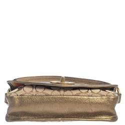 Pre Owned Coach Brown/Gold Leather And Monogram Canvas Shoulder Bag