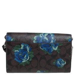 Pre Owned محفظة بسلسلة كوتش جلد وكانفاس مقوى مطبوع مورد بالشعار بني 