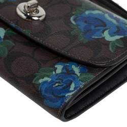 Pre Owned محفظة بسلسلة كوتش جلد وكانفاس مقوى مطبوع مورد بالشعار بني 