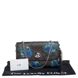 Pre Owned محفظة بسلسلة كوتش جلد وكانفاس مقوى مطبوع مورد بالشعار بني 