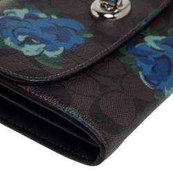 Pre Owned محفظة بسلسلة كوتش جلد وكانفاس مقوى مطبوع مورد بالشعار بني 