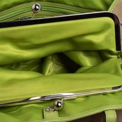 Pre Owned Coach Beige/Green Signature Canvas and Leather  Kisslock Framed Carryall Tote