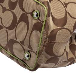 Pre Owned Coach Beige/Green Signature Canvas and Leather  Kisslock Framed Carryall Tote