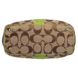 Pre Owned Coach Beige/Green Signature Canvas and Leather  Kisslock Framed Carryall Tote