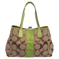 Pre Owned Coach Beige/Green Signature Canvas and Leather  Kisslock Framed Carryall Tote