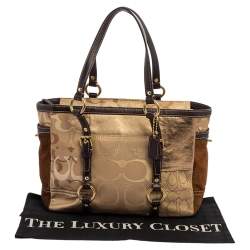 Pre Owned Coach Gold Signature Canvas, Suede and Leather Patchwork Tote