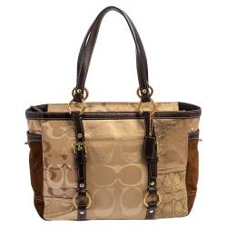 Pre Owned Coach Gold Signature Canvas, Suede and Leather Patchwork Tote
