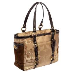 Pre Owned Coach Gold Signature Canvas, Suede and Leather Patchwork Tote