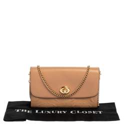 Pre Owned Coach Beige Leather Turn Lock Wallet on Chain 