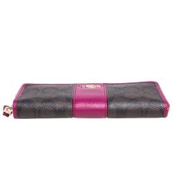 Pre Owned  Coach Brown/Fuchsia Signature Coated Canvas and Leather Accordion Zip Around Wallet