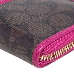 Pre Owned  Coach Brown/Fuchsia Signature Coated Canvas and Leather Accordion Zip Around Wallet