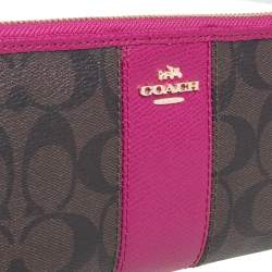Pre Owned  Coach Brown/Fuchsia Signature Coated Canvas and Leather Accordion Zip Around Wallet