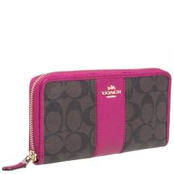Pre Owned  Coach Brown/Fuchsia Signature Coated Canvas and Leather Accordion Zip Around Wallet