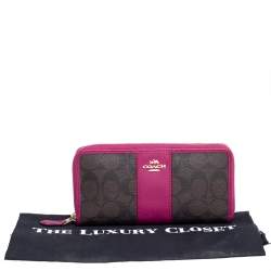 Pre Owned  Coach Brown/Fuchsia Signature Coated Canvas and Leather Accordion Zip Around Wallet