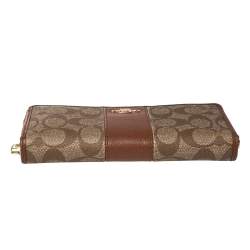 Pre Owned  Coach Beige/Brown Signature Coated Canvas and Leather Accordion Zip Around Wallet