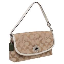 Pre Owned Coach Beige Signature Canvas And Leather Flap Shoulder Bag