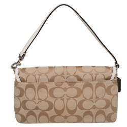 Pre Owned Coach Beige Signature Canvas And Leather Flap Shoulder Bag
