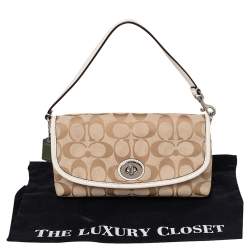 Pre Owned Coach Beige Signature Canvas And Leather Flap Shoulder Bag