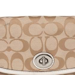 Pre Owned Coach Beige Signature Canvas And Leather Flap Shoulder Bag