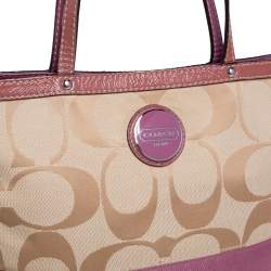 Pre Owned Coach Beige/Pink Signature Canvas and Patent Leather Stripe Tote