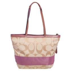 Pre Owned Coach Beige/Pink Signature Canvas and Patent Leather Stripe Tote