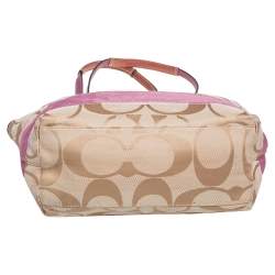 Pre Owned Coach Beige/Pink Signature Canvas and Patent Leather Stripe Tote