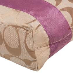 Pre Owned Coach Beige/Pink Signature Canvas and Patent Leather Stripe Tote