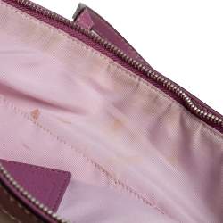 Pre Owned Coach Beige/Pink Signature Canvas and Patent Leather Stripe Tote