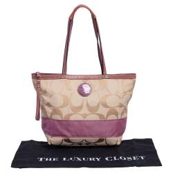 Pre Owned Coach Beige/Pink Signature Canvas and Patent Leather Stripe Tote