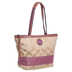 Pre Owned Coach Beige/Pink Signature Canvas and Patent Leather Stripe Tote
