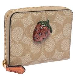 Coach Beige Signature Coated Canvas Strawberry Zip Around Wallet