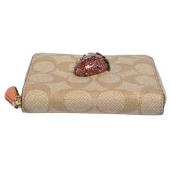 Coach Beige Signature Coated Canvas Strawberry Zip Around Wallet