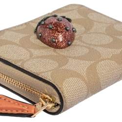 Coach Beige Signature Coated Canvas Strawberry Zip Around Wallet