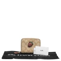 Coach Beige Signature Coated Canvas Strawberry Zip Around Wallet