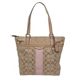 Coach Beige/Light Pink Canvas and Leather Signature Stripe Tote
