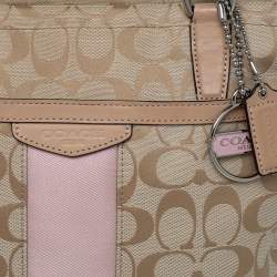 Coach Beige/Light Pink Canvas and Leather Signature Stripe Tote
