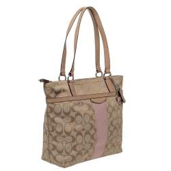 Coach Beige/Light Pink Canvas and Leather Signature Stripe Tote