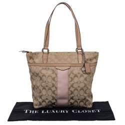 Coach Beige/Light Pink Canvas and Leather Signature Stripe Tote