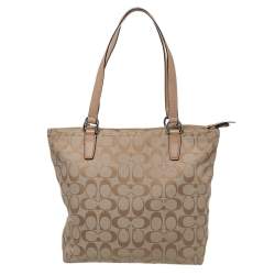 Coach Beige/Light Pink Canvas and Leather Signature Stripe Tote