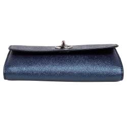 Pre Owned Coach Metallic Blue Leather Flap Chain Clutch
