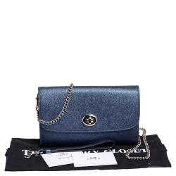 Pre Owned Coach Metallic Blue Leather Flap Chain Clutch